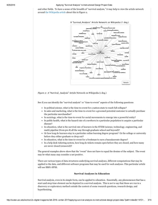 2/16/2017 Applying “Survival Analysis” to Instructional Design Project Data
http://scalar.usc.edu/works/c2c­digital­magazine­fall­2016­­winter­2017/applying­survival­analysis­to­instructional­design­project­data­?path=index&t=148725… 3/12
survival").  Some covariates such as health interventions may lower hazard and increase the time­to­event (or
"non­survival").  
 
Now that the basic elements have been explained, it is important to conceptualize “survival analysis” in other
ways.  For example, it may be thought of as time­to­event.  
 
 
Various Applications of “Survival Analyses”
A “survival analysis” may be applied to many more contexts than people passing on from a population.  Other
forms of survival analysis are also known as “time­to­event” analysis, event history analysis, reliability
analysis, and duration analysis, and variations on this method are applied in engineering, economics, sociology,
and other fields.  To have a sense of the breadth of “survival analysis,” it may help to view the article network
around the Wikipedia article about this in Figure 2.  
 
 
 
 
Figure 2:  A “Survival_Analysis” Article Network on Wikipedia (1 deg.)  
 
 
See if you can identify the “survival analysis” or “time­to­event” aspects of the following questions:  
In political science, what is the time­to­event for a nation­state to reach full collapse?   
In sales and marketing, what is the time­to­event for a groomed potential customer to actually purchase
the particular merchandise?   
In sociology, what is the time­to­event for social movements to emerge into a powerful entity?   
In public health, what is the hazard rate of a newborn in a particular population to acquire a particular
disease?   
In education, what is the survival rate of learners in the STEM (science, technology, engineering, and
math) pipeline (from pre­K all the way through graduate school and beyond)?   
Or how long do learners stay in a particular online learning degree program?  Or the college or university
before they either graduate or drop out?   
In education, what is the time­to­event for a freshman to earn a baccalaureate degree?   
In a help desk ticketing system, how long do tickets remain open before they are closed, and how many
are never closed (censored)?  
The general examples above show that the “event” does not have to equal the demise of the subject.  The event
may be what many may consider a net positive.   
 
A “Survival_Analysis” Article Network on Wikipedia (1 deg.) Annotations
Details
 