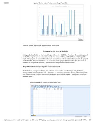 2/16/2017 Applying “Survival Analysis” to Instructional Design Project Data
http://scalar.usc.edu/works/c2c­digital­magazine­fall­2016­­winter­2017/applying­survival­analysis­to­instructional­design­project­data­?path=index&t=148725… 6/12
The average length of time from the start of a project to the end is four months.  Rarely, talks will start on a
project many months before actual start of project because the funding has not come in until then.  The start of
a project begins with the first contact with the recording of the gratis hours.  For many projects, if it seems that
the work will only be consultation without full design and development, those hours are only recorded on a
work calendar, and no bill is even started.  Bills are only started if there is discussion of more extensive paid
work.  In Figure 3, the various ID projects with bills are listed. That said, there are sometimes periods of
drought for paid work on a campus.  Also, the years here are calendar years, not fiscal years (which start in July
and end at the end of June the next year). 
 
 
 
 
Figure 3:  For­Pay Instructional Design Projects:  2010 – 2016 
 
 
Setting up for the Survival Analysis
Setting up the data for this survival analysis begins with a review of bill files.  From these files, what is captured
are the following:  the general name of the project, start dates, end dates, and final bill amount (if any).  The
length of the projects are calculated from the start­ and end­ dates with the unit time being months.  If a project
resulted in a bill, that would be labeled a “1” for “event,” and if a project did not result in a bill, that would be
labeled a “0” to represent “censored.”  This information is represented in three columns:  
 
ProjectName UnitTime (or "Spell") EventorCensored
 
The first column is comprised of string data written in camel case; the second is integer data; the third is a
dummy variable represented either with a 1 (event) or a 0 (censored), presence or absence.  The resulting table
data was run through a survival analysis using the Kaplan­Meier estimate in SPSS. The Kaplan­Meier method
originated in 1958 and is known as "the product limit estimator".  The ingested data may be viewed in Figure 4.
 
 
 
For-Pay Instructional Design Projects through the Years Annotations
Details
Instructional Design Survival Analysis Data in SPSS Annotatio
 