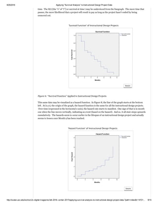 2/16/2017 Applying “Survival Analysis” to Instructional Design Project Data
http://scalar.usc.edu/works/c2c­digital­magazine­fall­2016­­winter­2017/applying­survival­analysis­to­instructional­design­project­data­?path=index&t=148725… 8/12
 
The average survival time is 4.613 months, with a standard error of .625, with the 95% confidence interval’s
lower and upper bounds at 3.388 to 5.838. The median survival time is 4, with a standard error of 1.089, with a
95% confidence interval at 1.865 and the upper at 6.135.  (The confidence bounds assume an underlying normal
curve, which may be an inaccurate assumption.  In all likelihood, the underlying distribution is non­normal,
given the topic.)
 
Another way to conceptualize this data is by percentile.  At the 25th percentile, a project may take about 7
months (with a standard error of .593).  At the 50th percentile, representing half of all projects, these take 4
months (with a standard error of 1.089).  On the 75th percentile (third quartile), under which 75% of the
projects may be found, these projects take approximately 2 months (with a standard error of .403). All of the
quartile values of the K­M estimate are within the ranges and so are defined values).  In other words, the
majority of projects tend to be fairly short; said another way, rarer projects may be longer.  
 
Figure 6 shows the survival function curve for these 26 instructional design projects.  Note on the y­axis
“CumSurvival” (cumulative survival) that the full set is present at the top left with a score of 1, representing full
survival of the full set of ID projects.  As time passes (as indicated on the x­axis), the curve changes in a stair­
step way.  When the line is parallel with the x­axis, that plateau shows that there was no project event
occurrence.  As the line moves perpendicular to the x­axis, that shows a drop­off of projects over time, which
indicates the experience of an ”event” (the paying of the project).  The “plus,” if you will, shows a project being
censored of leaving the set without payment.  Note that the censoring does not result in a change to the curve
(whether up or down).  This line cannot be called a decreasing line graph because of the moments of plateau
where there is no decrease.  At the bottom right of the plot, the population of instructional design projects has
been dissipated through events or censorship to 0 at around the 11­month mark.  
 
What the linegraph suggests, visually, is that projects that will censor are identified early and end early.  In
other words, if it is clear that a project will not be funded, it tends not to continue for long periods of time.
 Also, most projects achieve “event” at fairly regular intervals at one month, two months, and so on.  Longer
projects past nine months tend to go to nearly a year.  So survival of a project is depicted here as a function of
time.  The S(t) [the “s” of “t”] or survival at time t may be understood from the linegraph.  The more time that
passes, the more likelihood that a project will result in pay as long as the project hasn’t ended by being
censored out.  
 
 
 
 
Figure 6:  “Survival Function” Applied to Instructional Design Projects 
 
'Survival Function' of Instructional Design Projects Annotations
Details
 