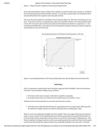 2/16/2017 Applying “Survival Analysis” to Instructional Design Project Data
http://scalar.usc.edu/works/c2c­digital­magazine­fall­2016­­winter­2017/applying­survival­analysis­to­instructional­design­project­data­?path=index&t=148725… 9/12
This same data may be visualized as a hazard function.  In Figure 8, the line of the graph starts at the bottom
left.  At (0,0), the origin of the graph, the hazard function is the same for all the instructional design projects.
 Over time (expressed in the horizontal x­axis), the hazard rate starts to manifest.  One sign of that is in month
one when the line moves vertically, indicating an event (based on the hazard).  And so, it all stair­steps upwards
cumulatively.  The hazards seem to occur earlier in the lifespan of an instructional design project and actually
seems to lessen once Month 9 has been reached.  
 
 
 
 
Figure 7:  “Hazard Function” Applied to Instructional Design Projects  
 
 
In the instructional design context, it helps to know whether a project formalizes into a paying one.  It helps to
have the hypothesizing around the desirable “hazards” to ensure that a project makes it to successful fruition
and mutual benefits for the respective university units involved.  
 
This same data may be plotted in a One Minus Survival Function (Figure 8).  This shows a line that grows over
time.  At any point in the line, an individual may capture the cumulative incidence rate at that particular point
in time. The “one minus” part works because both survival and hazard are plotted on a range from 0 – 1 (for
normalized probability data).  One minus survival [1­S] equals the cumulative hazard rate and also equals the
rising incidence of non­survival (event) as seen in time (or time segments).  
 
 
'Hazard Function' of Instructional Design Projects Annotations
Details
Accumulating Incidence of ID Projects Achieving Event in the One Annotations
 