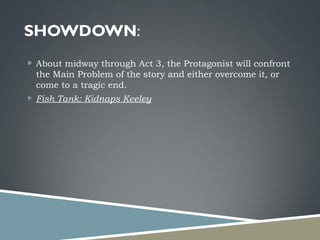 SHOWDOWN : About midway through Act 3, the Protagonist will confront the Main Problem of the story and either overcome it, or come to a tragic end. Fish Tank: Kidnaps Keeley 