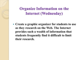 Organize Information on the Internet (Wednesday)Create a graphic organizer for students to use as they research on the Web. The Internet provides such a wealth of information that students frequently find it difficult to limit their research. 