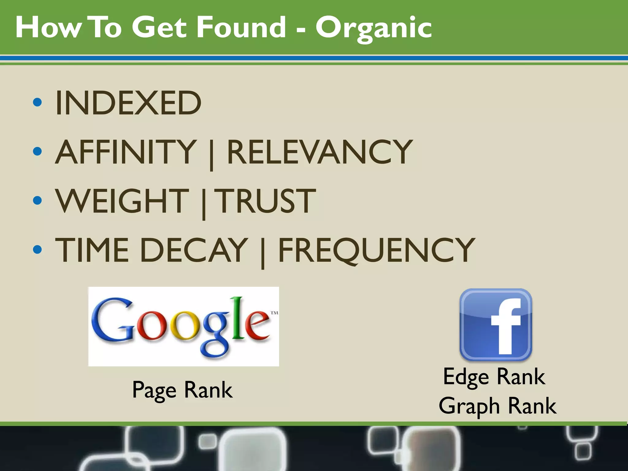 How To Get Found - Organic INDEXED AFFINITY | RELEVANCY WEIGHT | TRUST TIME DECAY | FREQUENCY Page Rank Edge Rank  Graph Rank 