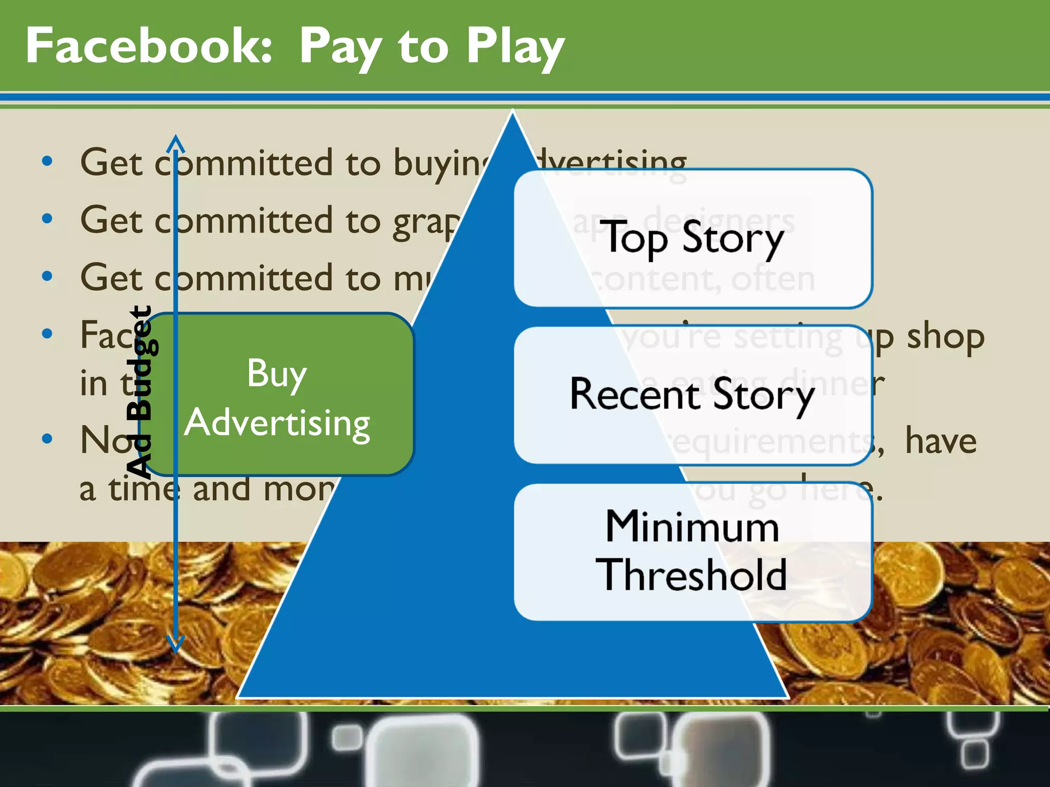 Facebook:  Pay to Play Get committed to buying advertising Get committed to graphic or app designers Get committed to multimedia content, often Facebook is like telemarketing – you’re setting up shop in the living room when people are eating dinner Now with the minimum threshold requirements,  have a time and monetary budget before you go here.  Buy Advertising Ad Budget 