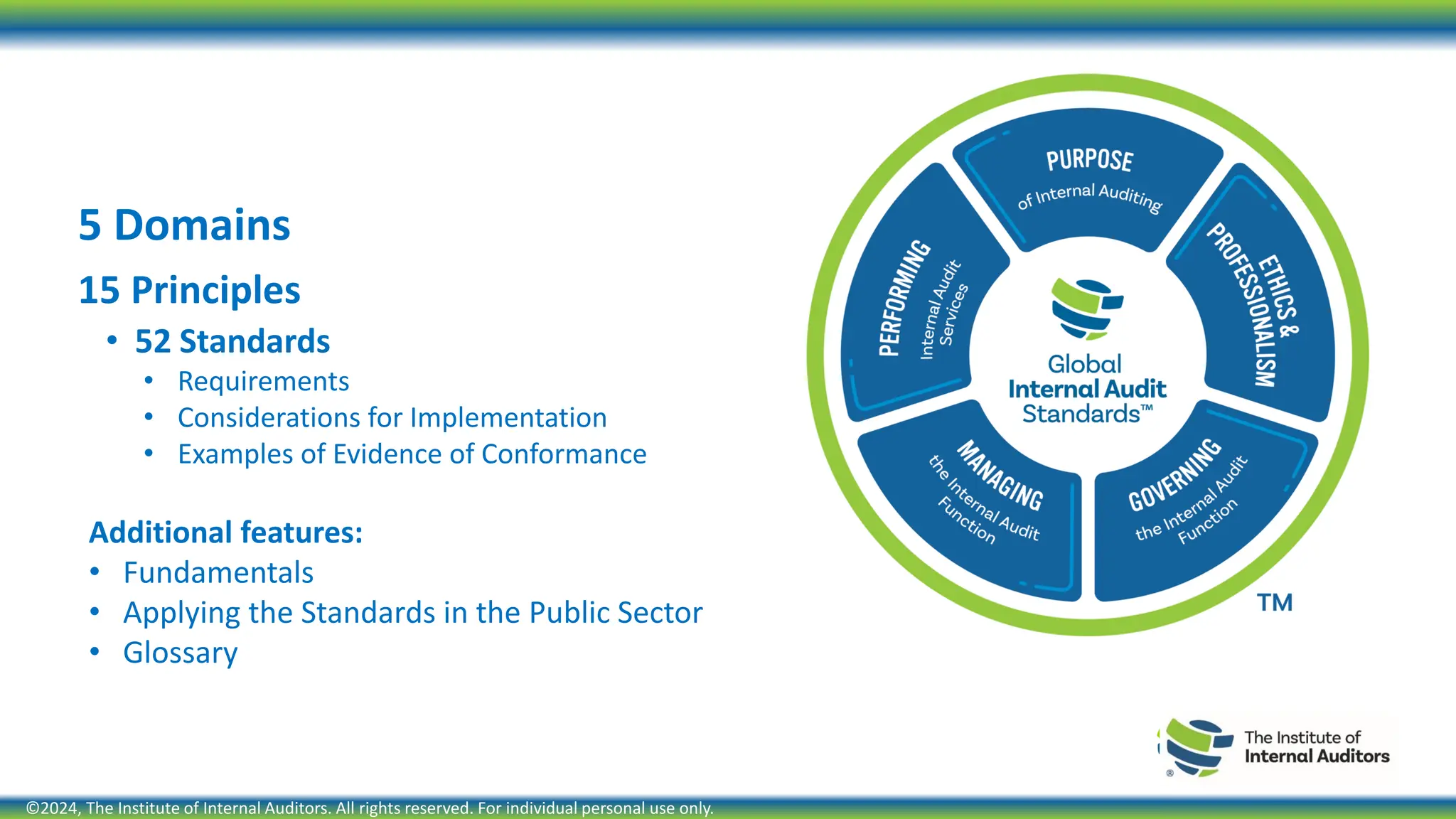 The New Structure
5 Domains
15 Principles
• 52 Standards
• Requirements
• Considerations for Implementation
• Examples of Evidence of Conformance
Additional features:
• Fundamentals
• Applying the Standards in the Public Sector
• Glossary
©2024, The Institute of Internal Auditors. All rights reserved. For individual personal use only.
 
