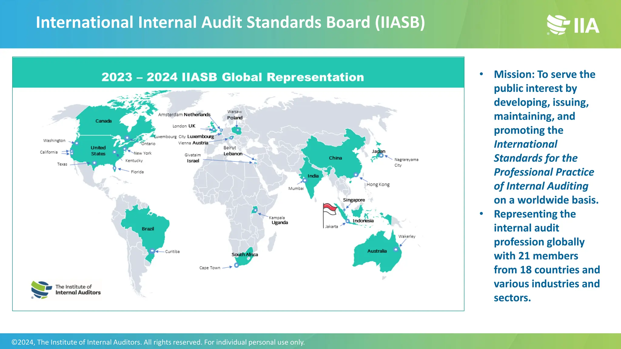International Internal Audit Standards Board (IIASB)
• Mission: To serve the
public interest by
developing, issuing,
maintaining, and
promoting the
International
Standards for the
Professional Practice
of Internal Auditing
on a worldwide basis.
• Representing the
internal audit
profession globally
with 21 members
from 18 countries and
various industries and
sectors.
©2024, The Institute of Internal Auditors. All rights reserved. For individual personal use only.
 