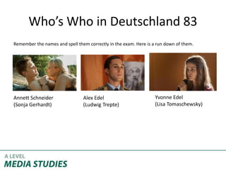 Who’s Who in Deutschland 83
Remember the names and spell them correctly in the exam. Here is a run down of them.
Annett Schneider
(Sonja Gerhardt)
Alex Edel
(Ludwig Trepte)
Yvonne Edel
(Lisa Tomaschewsky)
 