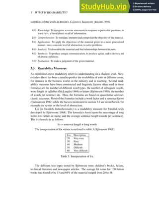 3 WHAT IS READABILITY? 9
scriptions of the levels in Bloom’s Cognitive Taxonomy (Bloom 1956).
1.00 Knowledge: To recognize accurate statements in response to particular questions, to
learn facts, a literal direct recall of information.
2.00 Comprehension: To translate, interpret and extrapolate the objective of the material.
3.00 Application: To apply the objectives of the material given in a more generalized
manner, into a concrete level of abstraction, to solve problems.
4.00 Analysis: To dissemble the material and find relationships between its parts.
5.00 Synthesis: To produce unique communication, to produce a plan, and to derive a set
of abstract relations.
6.00 Evaluation: To make a judgment of the given material.
3.3 Readability Measures
As mentioned above readability refers to understanding on a shallow level. Nev-
ertheless there has been a need to predict the readability of texts in different areas,
for instance in the business world, in the industry and in teaching. Several read-
ability measures have been constructed and linguistic factors often used in these
formulas are the number of different word types, the number of infrequent words,
word length in syllables (McLauglin 1969) or letters (Björnsson 1968), the number
of words per sentence etc. Thus, the formulas are based on quantitative and me-
chanic measures. Most of the formulas include a word factor and a sentence factor
(Gunnarsson 1982) while the factors mentioned in section 3.2 are not reflected, for
example the syntax or the level of abstraction.
Lix (in Swedish läsbarhetsindex) is a readability measure for Swedish texts
developed by Björnsson (1968). The formula is based upon the percentage of long
words (six letters or more) and the average sentence length (words per sentence).
The lix formula is as follows.
lix = sentence length + long words
The interpretation of lix values is outlined in table 3 (Björnsson 1968).
Lix Description
20 Very easy
30 Easy
40 Medium
50 Difficult
60 Very difficult
Table 3: Interpretation of lix.
The different text types tested by Björnsson were children’s books, fiction,
technical literature and newspaper articles. The average lix value for 100 fiction
books was found to be 33 and 95% of the material ranged from 28 to 38.
 