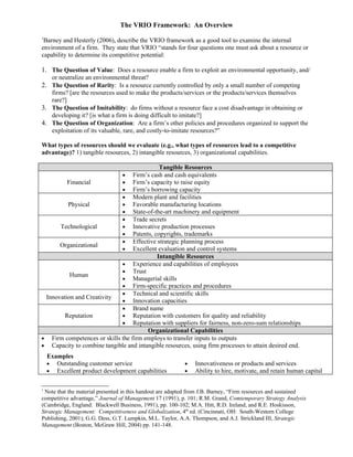 The VRIO Framework: An Overview
1
 Barney and Hesterly (2006), describe the VRIO framework as a good tool to examine the internal
environment of a firm. They state that VRIO “stands for four questions one must ask about a resource or
capability to determine its competitive potential:

1. The Question of Value: Does a resource enable a firm to exploit an environmental opportunity, and/
        or neutralize an environmental threat?
2. The Question of Rarity: Is a resource currently controlled by only a small number of competing
   firms? [are the resources used to make the products/services or the products/services themselves
   rare?]
3. The Question of Imitability: do firms without a resource face a cost disadvantage in obtaining or
   developing it? [is what a firm is doing difficult to imitate?]
4. The Question of Organization: Are a firm’s other policies and procedures organized to support the
   exploitation of its valuable, rare, and costly-to-imitate resources?”

What types of resources should we evaluate (e.g., what types of resources lead to a competitive
advantage)? 1) tangible resources, 2) intangible resources, 3) organizational capabilities.

                                             Tangible Resources
                                   •
                                  Firm’s cash and cash equivalents
         Financial                 •
                                  Firm’s capacity to raise equity
                                   •
                                  Firm’s borrowing capacity
                                   •
                                  Modern plant and facilities
         Physical                  •
                                  Favorable manufacturing locations
                                   •
                                  State-of-the-art machinery and equipment
                                   •
                                  Trade secrets
      Technological                •
                                  Innovative production processes
                                   •
                                  Patents, copyrights, trademarks
                                   •
                                  Effective strategic planning process
      Organizational
                                   •
                                  Excellent evaluation and control systems
                                            Intangible Resources
                             • Experience and capabilities of employees
                             • Trust
          Human
                             • Managerial skills
                             • Firm-specific practices and procedures
                             • Technical and scientific skills
 Innovation and Creativity
                             • Innovation capacities
                             • Brand name
        Reputation           • Reputation with customers for quality and reliability
                             • Reputation with suppliers for fairness, non-zero-sum relationships
                                        Organizational Capabilities
• Firm competences or skills the firm employs to transfer inputs to outputs
• Capacity to combine tangible and intangible resources, using firm processes to attain desired end.
    Examples
    •  Outstanding customer service                       •    Innovativeness or products and services
    •  Excellent product development capabilities         •    Ability to hire, motivate, and retain human capital

1
 Note that the material presented in this handout are adapted from J.B. Barney, “Firm resources and sustained
competitive advantage,” Journal of Management 17 (1991), p. 101; R.M. Grand, Comtemporary Strategy Analysis
(Cambridge, England: Blackwell Business, 1991), pp. 100-102; M.A. Hitt, R.D. Ireland, and R.E. Hoskisson,
Strategic Management: Competitiveness and Globalization, 4th ed. (Cincinnati, OH: South-Western College
Publishing, 2001); G.G. Dess, G.T. Lumpkin, M.L. Taylor, A.A. Thompson, and A.J. Strickland III, Strategic
Management (Boston, McGraw Hill, 2004) pp. 141-148.
 