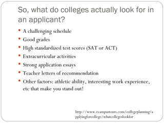 So, what do colleges actually look for in an applicant? A challenging schedule Good grades High standardized test scores (SAT or ACT) Extracurricular activities  Strong application essays Teacher letters of recommendation Other factors: athletic ability, interesting work experience, etc that make you stand out! http://www.ecampustours.com/collegeplanning/applyingforcollege/whatcollegeslookfor 