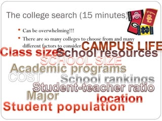 The college search (15 minutes) Can be overwhelming!!! There are so many colleges to choose from and many different factors to consider  