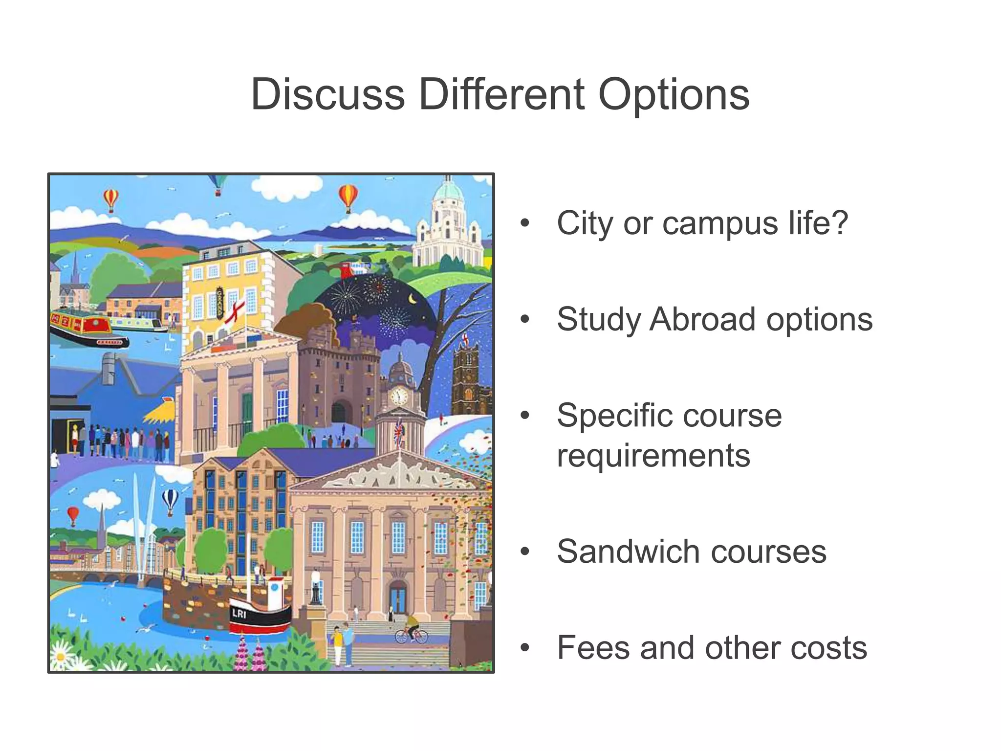 Discuss Different Options
• City or campus life?
• Study Abroad options
• Specific course
requirements
• Sandwich courses
• Fees and other costs
 