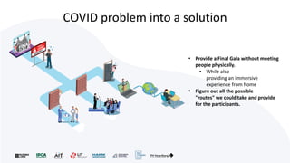 COVID problem into a solution
• Provide a Final Gala without meeting
people physically.
• While also
providing an immersive
experience from home
• Figure out all the possible
"routes" we could take and provide
for the participants.
 