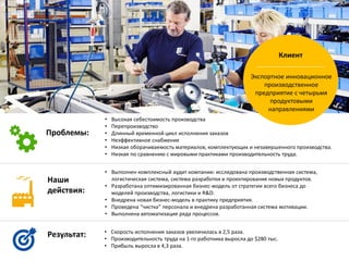 Проблемы:
• Высокая себестоимость производства
• Перепроизводство
• Длинный временной цикл исполнения заказов
• Неэффективное снабжение
• Низкая оборачиваемость материалов, комплектующих и незавершенного производства.
• Низкая по сравнению с мировыми практиками производительность труда.
Наши
действия:
• Выполнен комплексный аудит компании: исследована производственная система,
логистическая система, система разработки и проектирования новых продуктов.
• Разработана оптимизированная бизнес-модель от стратегии всего бизнеса до
моделей производства, логистики и R&D.
• Внедрена новая бизнес-модель в практику предприятия.
• Проведена “чистка” персонала и внедрена разработанная система мотивации.
• Выполнена автоматизация ряда процессов.
Результат: • Скорость исполнения заказов увеличилась в 2,5 раза.
• Производительность труда на 1-го работника выросла до $280 тыс.
• Прибыль выросла в 4,3 раза.
Экспортное инновационное
производственное
предприятие с четырьмя
продуктовыми
направлениями
Клиент
 