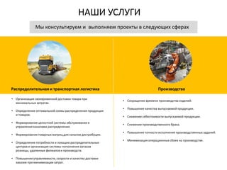 Мы консультируем и выполняем проекты в следующих сферах
НАШИ УСЛУГИ
ПроизводствоРаспределительная и транспортная логистика
• Организация своевременной доставки товара при
минимальных затратах.
• Определение оптимальной схемы распределения продукции
и товаров.
• Формирование целостной системы обслуживания и
управления каналами распределения.
• Формирование товарных матриц для каналов дистрибуции.
• Определение потребности и локацию распределительных
центров и организация системы пополнения запасов
розницы, удаленных филиалов и производств.
• Повышение управляемости, скорости и качества доставки
заказов при минимизации затрат.
• Сокращение времени производства изделий.
• Повышение качества выпускаемой продукции.
• Снижение себестоимости выпускаемой продукции.
• Снижение производственного брака.
• Повышение точности исполнения производственных заданий.
• Минимизация операционных сбоев на производстве.
 