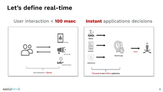 Let’s deﬁne real-time
8
User interaction < 100 msec Instant applications decisions
 