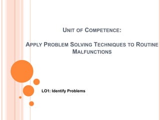 UNIT OF COMPETENCE:
APPLY PROBLEM SOLVING TECHNIQUES TO ROUTINE
MALFUNCTIONS
LO1: Identify Problems
 