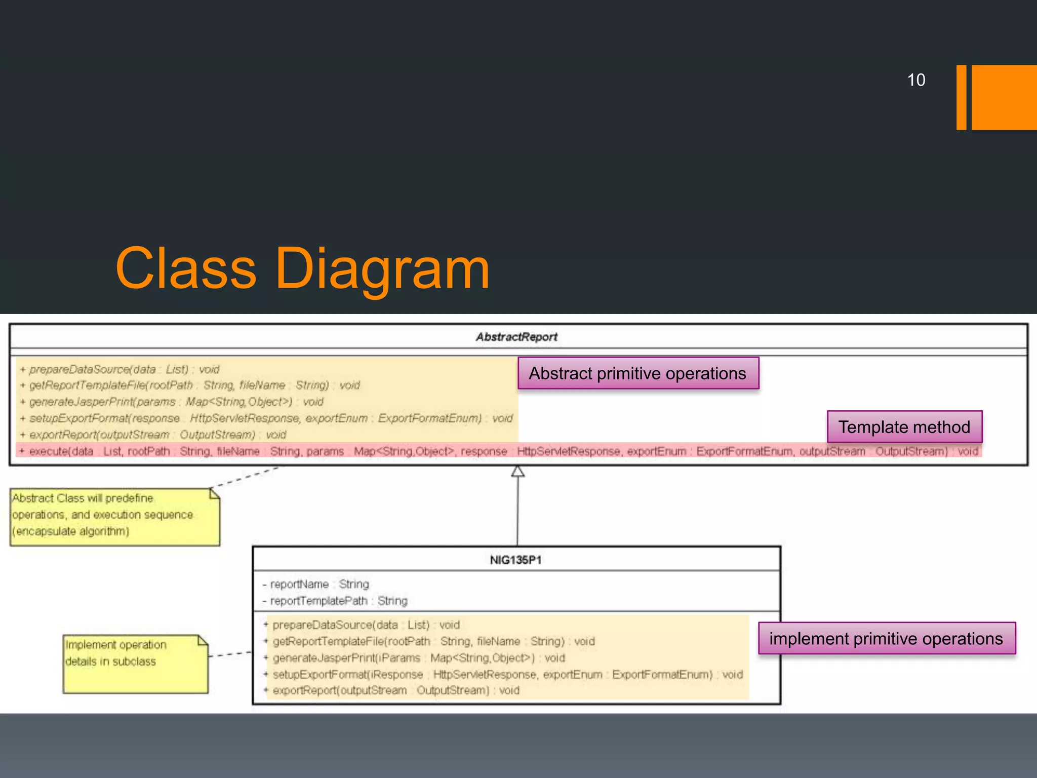 Class Diagram10Abstract primitive operationsTemplate methodimplement primitive operations