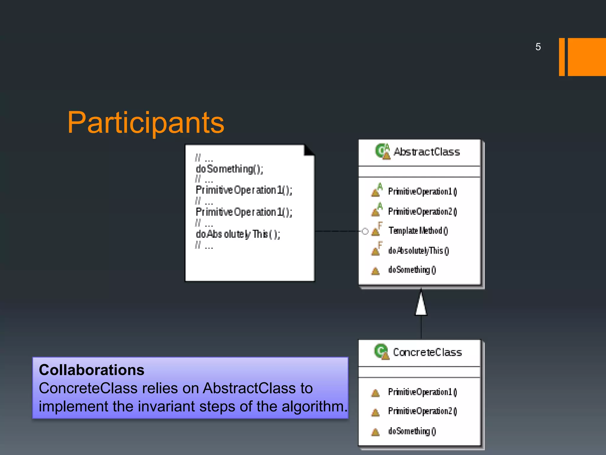 Participants5CollaborationsConcreteClass relies on AbstractClass to implement the invariant steps of the algorithm.
