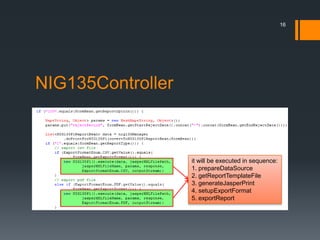 NIG135Controller16it will be executed in sequence:1. prepareDataSource2. getReportTemplateFile3. generateJasperPrint4. setupExportFormat5. exportReport