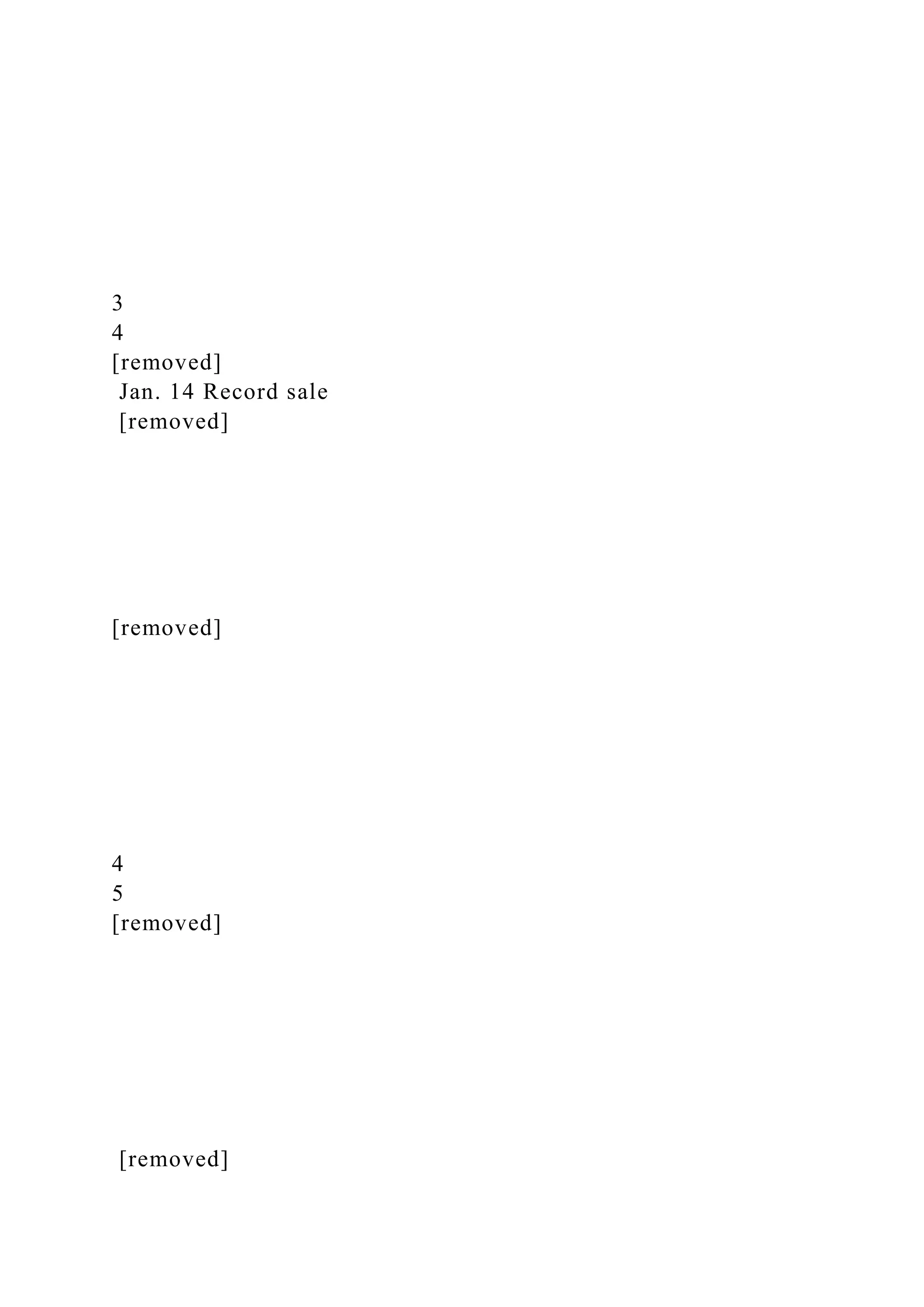3
4
[removed]
Jan. 14 Record sale
[removed]
[removed]
4
5
[removed]
[removed]
 