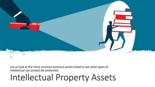 Intellectual Property Assets
Let us look at the most common business assets listed to see what types of
Intellectual can protect be protected.
 