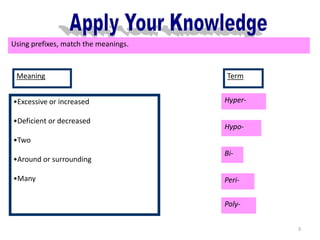 Apply Your Knowledge
Using prefixes, match the meanings.



 Meaning                              Term


•Excessive or increased               Hyper-

•Deficient or decreased
                                      Hypo-
•Two
                                      Bi-
•Around or surrounding

•Many                                 Peri-


                                      Poly-


                                               3
 