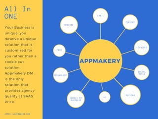 WEBSITE
PAID
REVIEWS
SOCIAL
MEDIA
APPMAKERY
GOOGLE MY
BUSINESS
TECHNOLOGY
AI
LOCALSEO
CONTENT
EMAIL
All In
ONE
Your Business is
unique, you
deserve a unique
solution that is
customized for
you rather than a
cookie cut
solution.
Appmakery DM
is the only
solution that
provides agency
quality at SAAS
Price.
HTTPS://APPMAKERY.COM
 