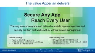 Secure Any App
Reach Every User
The only enterprise-grade and extensible mobile app management and
security solution that works with or without device management.
Secure Any App
• App-level 安全, 防護 & governance
• 可部署在客製化的、已開發完成的 ＆ 公開的app
• 不需要SDK 亦不需要修改程式碼
Reach Every User
• 套用App安全防護政策不需要MDM工具
• 涵蓋範圍至企業外部員工、BYOD、約聘人員、經銷商
• 可自建企業私有App Store
The value Apperian delivers
32
 