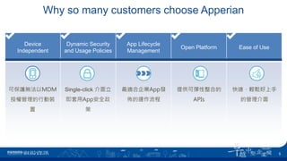 Why so many customers choose Apperian
Device
Independent
Dynamic Security
and Usage Policies
App Lifecycle
Management
Open Platform Ease of Use
可保護無法以MDM
授權管理的行動裝
置
Single-click 介面立
即套用App安全政
策
最適合企業App發
佈的運作流程
提供可彈性整合的
APIs
快速、輕鬆好上手
的管理介面
5
 