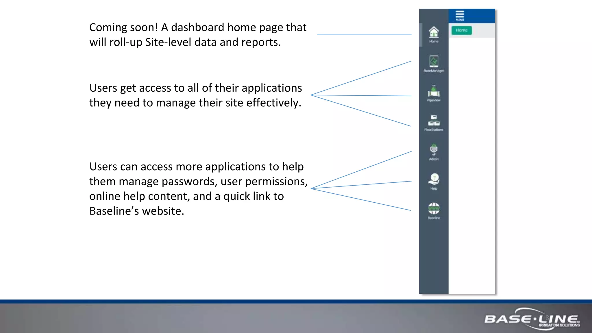 8
Users get access to all of their applications
they need to manage their site effectively.
Users can access more applications to help
them manage passwords, user permissions,
online help content, and a quick link to
Baseline’s website.
Coming soon! A dashboard home page that
will roll-up Site-level data and reports.
 