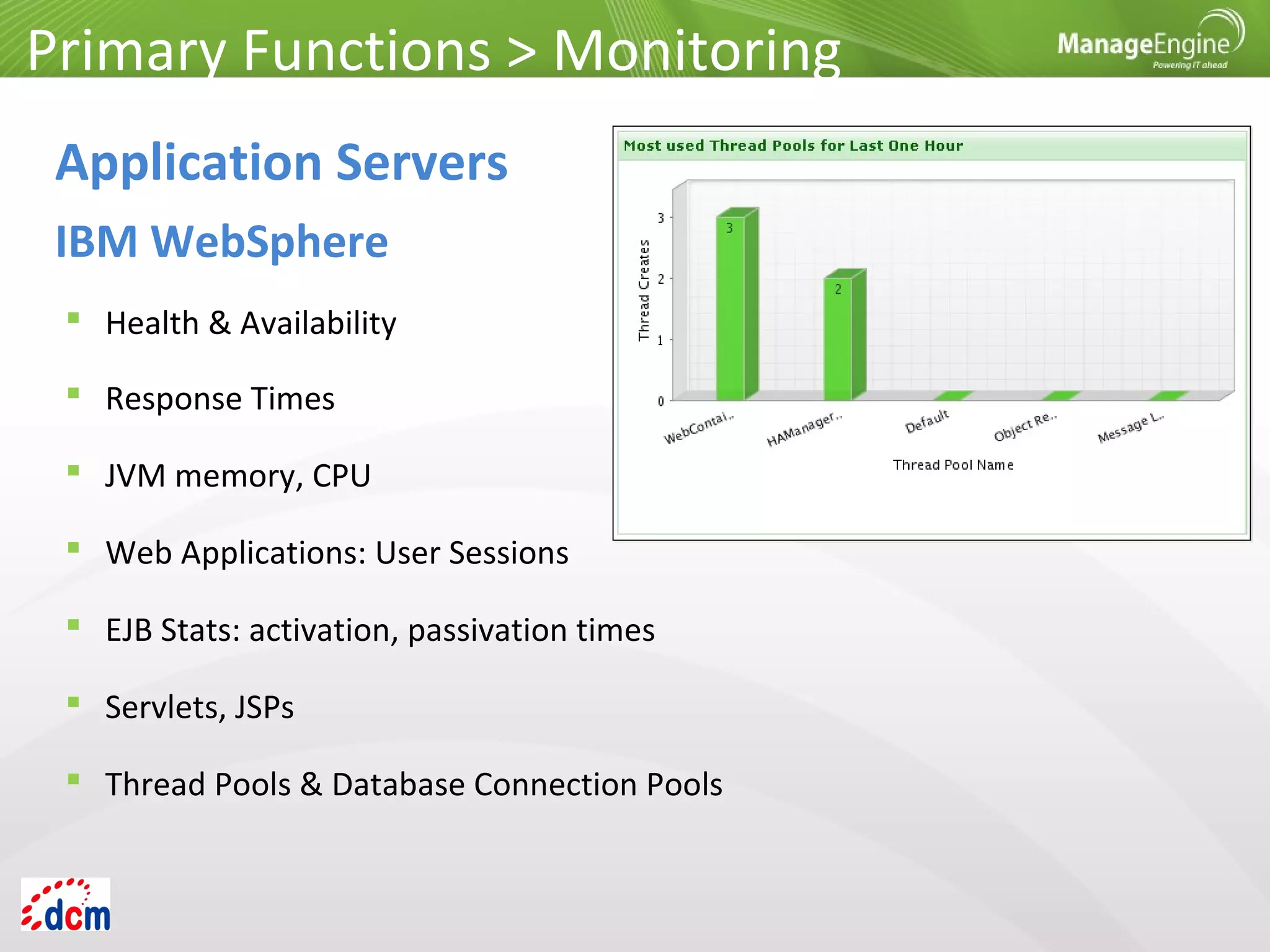  Health & Availability
 Response Times
 JVM memory, CPU
 Web Applications: User Sessions
 EJB Stats: activation, passivation times
 Servlets, JSPs
 Thread Pools & Database Connection Pools
Primary Functions > Monitoring
Application Servers
IBM WebSphere
 