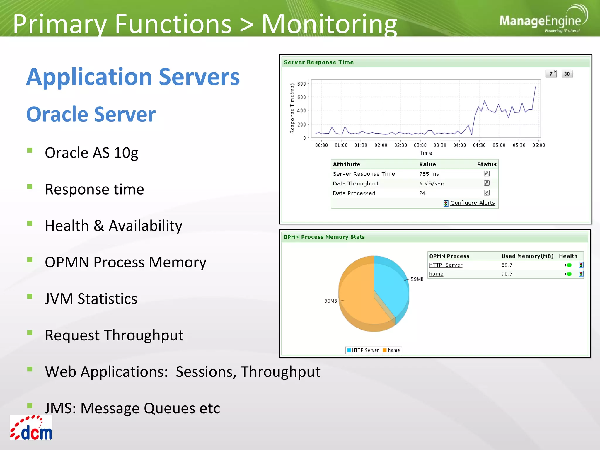  Oracle AS 10g
 Response time
 Health & Availability
 OPMN Process Memory
 JVM Statistics
 Request Throughput
 Web Applications: Sessions, Throughput
 JMS: Message Queues etc
Primary Functions > Monitoring
Application Servers
Oracle Server
 