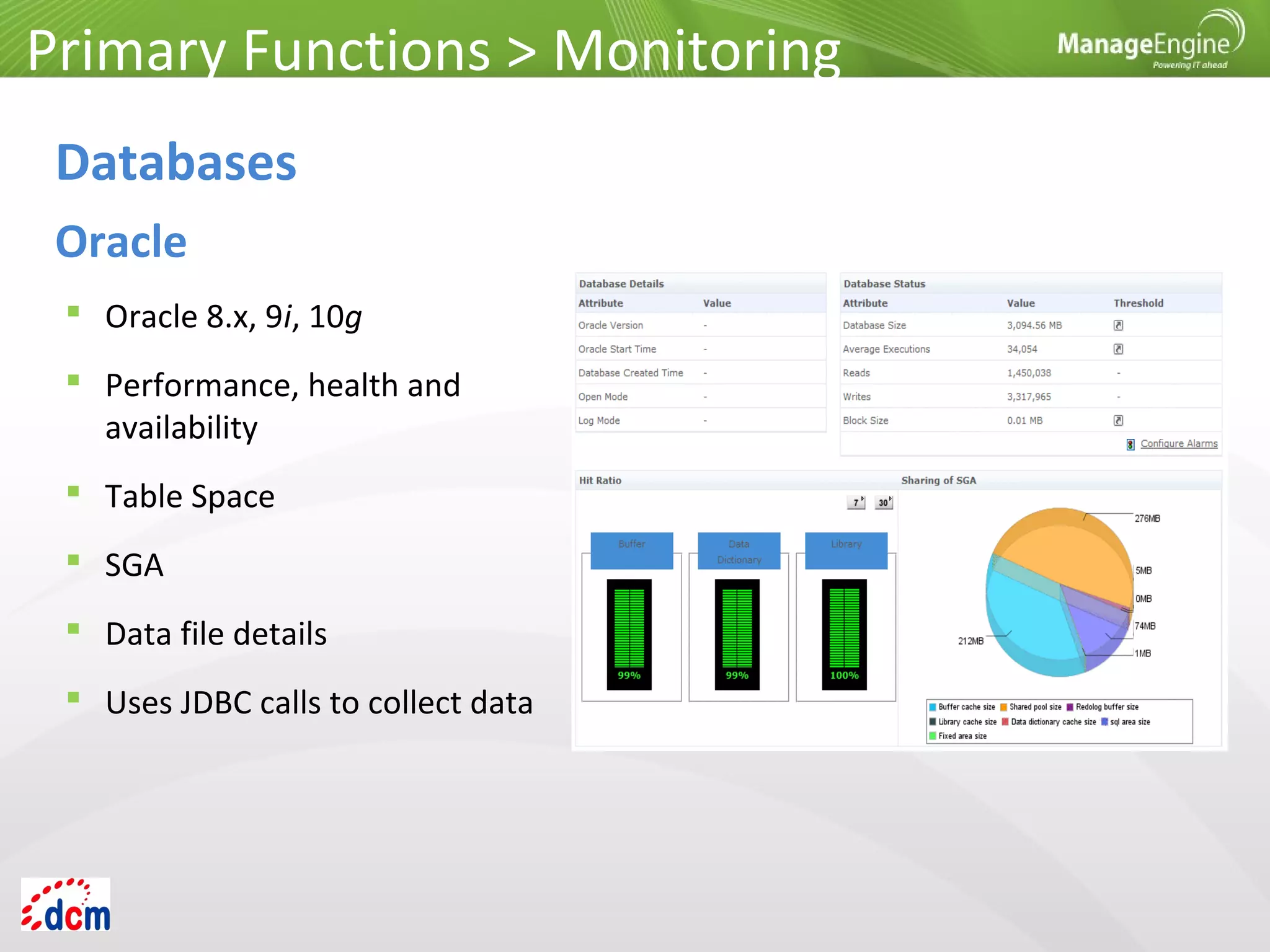  Oracle 8.x, 9i, 10g
 Performance, health and
availability
 Table Space
 SGA
 Data file details
 Uses JDBC calls to collect data
Primary Functions > Monitoring
Databases
Oracle
 