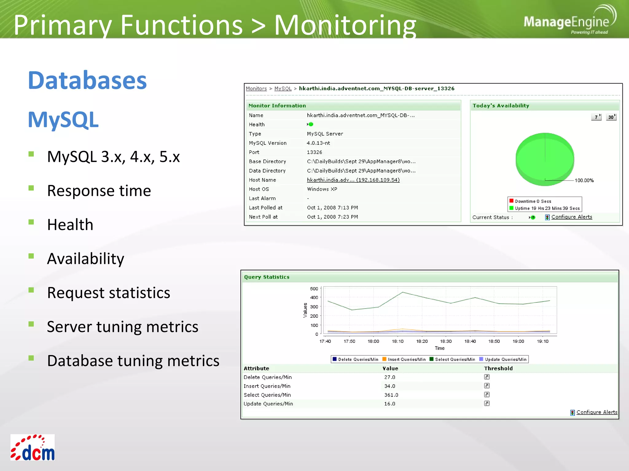  MySQL 3.x, 4.x, 5.x
 Response time
 Health
 Availability
 Request statistics
 Server tuning metrics
 Database tuning metrics
Primary Functions > Monitoring
Databases
MySQL
 