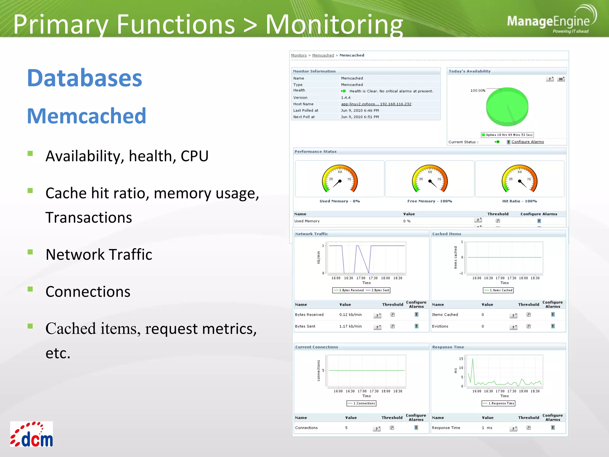  Availability, health, CPU
 Cache hit ratio, memory usage,
Transactions
 Network Traffic
 Connections
 Cached items, request metrics,
etc.
Primary Functions > Monitoring
Databases
Memcached
 