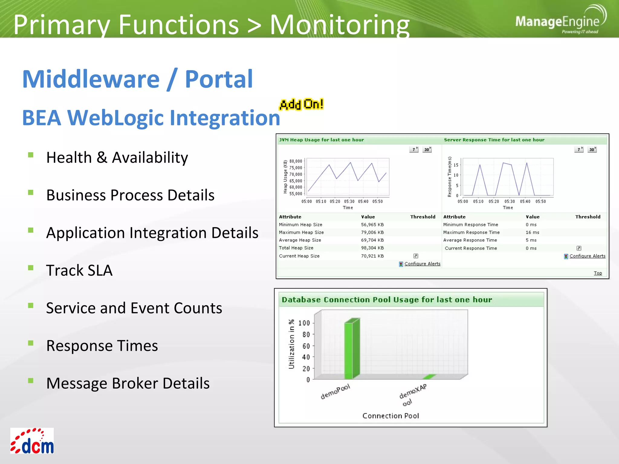  Health & Availability
 Business Process Details
 Application Integration Details
 Track SLA
 Service and Event Counts
 Response Times
 Message Broker Details
Primary Functions > Monitoring
Middleware / Portal
BEA WebLogic Integration
 