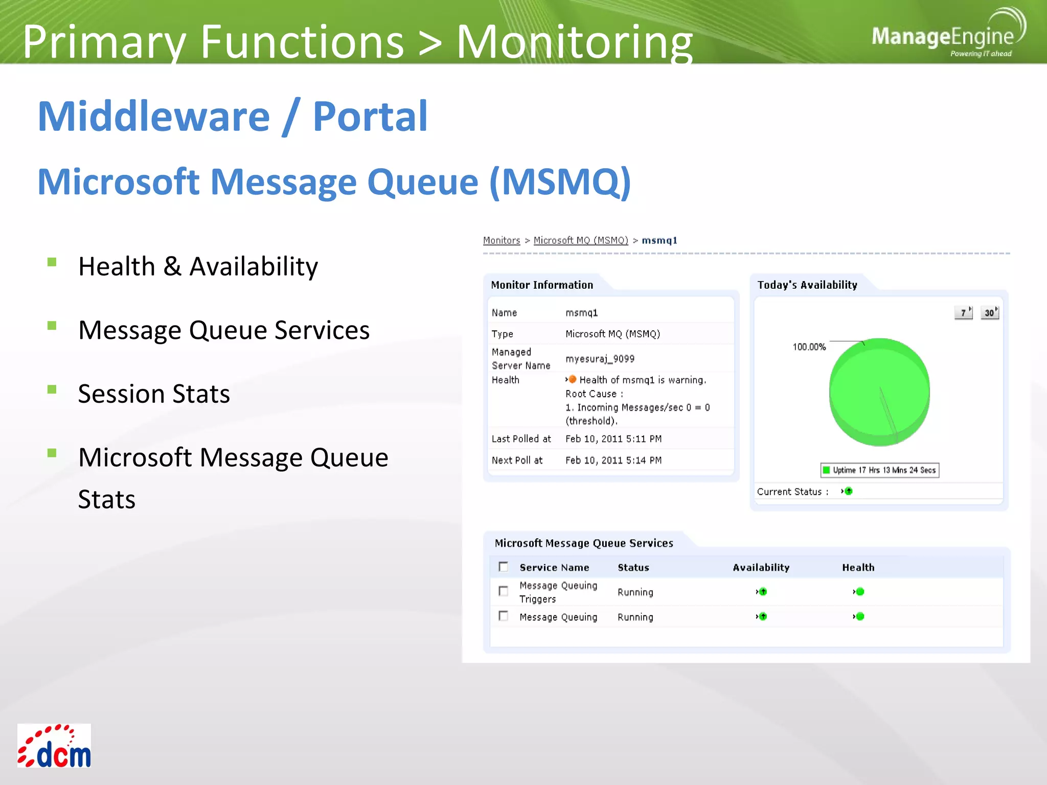  Health & Availability
 Message Queue Services
 Session Stats
 Microsoft Message Queue
Stats
Primary Functions > Monitoring
Middleware / Portal
Microsoft Message Queue (MSMQ)
 