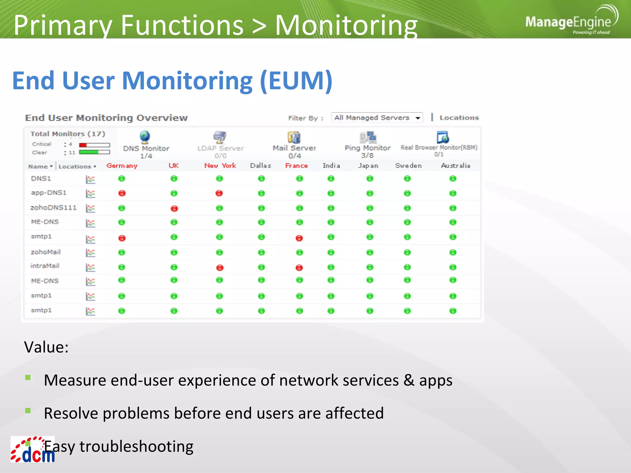 Primary Functions > Monitoring
End User Monitoring (EUM)
Value:
 Measure end-user experience of network services & apps
 Resolve problems before end users are affected
 Easy troubleshooting
 