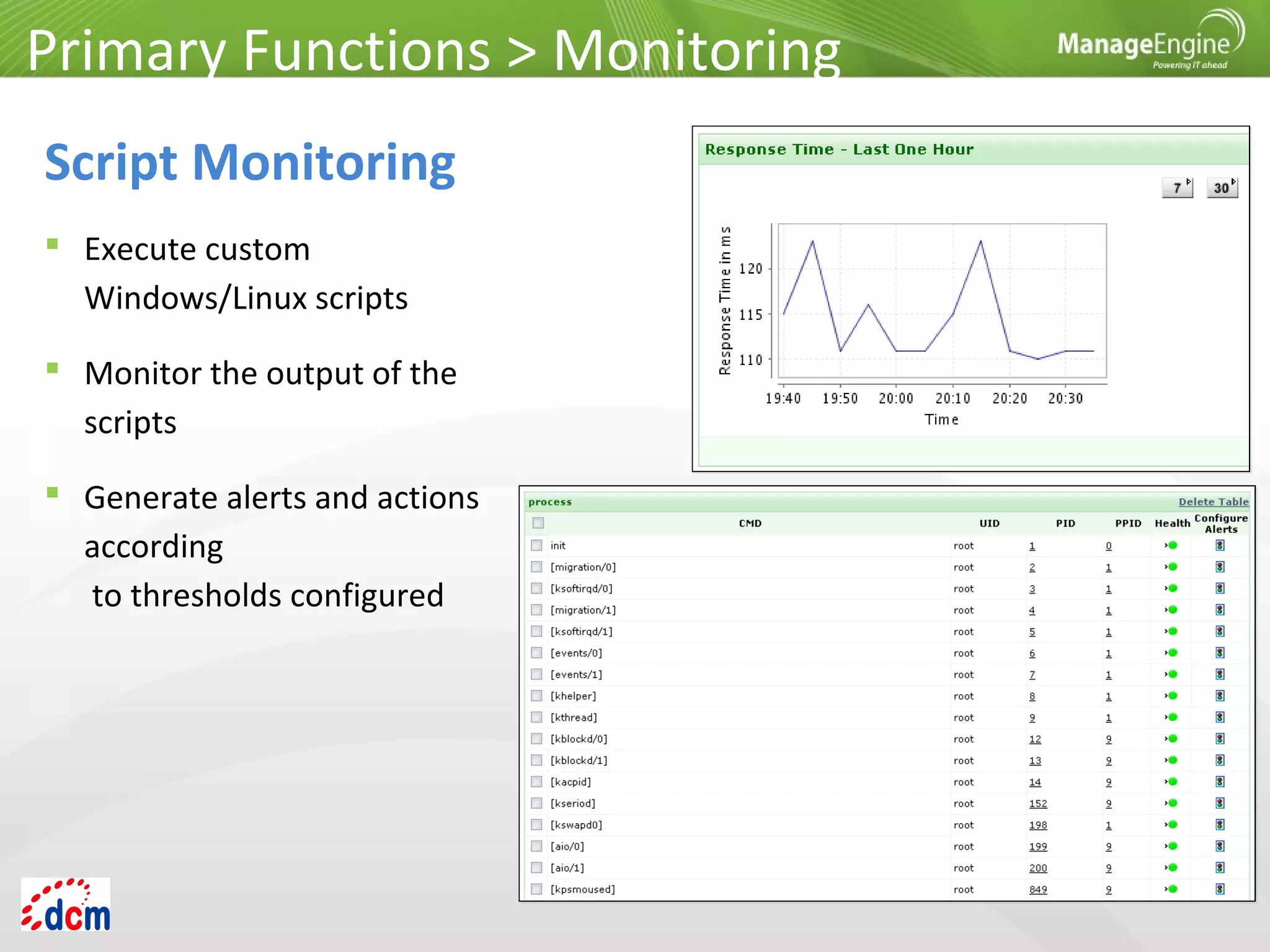  Execute custom
Windows/Linux scripts
 Monitor the output of the
scripts
 Generate alerts and actions
according
to thresholds configured
Primary Functions > Monitoring
Script Monitoring
 