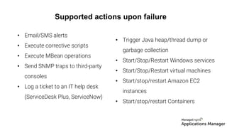 Supported actions upon failure
• Email/SMS alerts
• Execute corrective scripts
• Execute MBean operations
• Send SNMP traps to third-party
consoles
• Log a ticket to an IT help desk
(ServiceDesk Plus, ServiceNow)
• Trigger Java heap/thread dump or
garbage collection
• Start/Stop/Restart Windows services
• Start/Stop/Restart virtual machines
• Start/stop/restart Amazon EC2
instances
• Start/stop/restart Containers
 