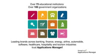 Over 75 educational institutions
Over 100 government organizations
Leading brands across banking, finance, energy, airline, automobile,
software, healthcare, hospitality and tourism industries
trust Applications Manager!
 