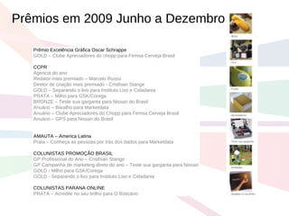 Prêmios em 2009 Junho a Dezembro  Prêmio Excelência Gráfica Oscar Schrappe GOLD – Clube Apreciadores do chopp para Femsa Cerveja Brasil  CCPR Agencia do ano Redator mais premiado – Marcelo Russo Diretor de criação mais premiado - Cristhian Stange GOLD – Separando o lixo para Instituto Lixo e Cidadania PRATA – Milho para GSK/Corega BRONZE – Teste sua garganta para Nissan do Brasil Anuário – Baralho para Marketdata Anuário – Clube Apreciadores do Chopp para Femsa Cerveja Brasil Anuário – GPS para Nissan do Brasil AMAUTA – America Latina Prata – Conheça as pessoas por trás dos dados para Marketdata COLUNISTAS PROMOÇÃO BRASIL GP Profissional do Ano – Cristhian Stange GP Campanha de marketing direto do ano – Teste sua garganta para Nissan GOLD - Milho para GSK/Corega GOLD - Separando o lixo para Instituto Lixo e Cidadania COLUNISTAS PARANA ONLINE PRATA – Acredite no seu brilho para O Boticário 