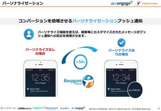 Strictly Confidential. 2015 © interarrows Inc. All Rights Reserved.
パーソナライズあ
りの場合
パーソナライズなし
の場合
パーソナライズ機能を使えば、顧客毎にカスタマイズされたメッセージがプッ
シュ通知への反応を倍増させます。
パーソナライゼーション
コンバージョンを倍増させるパーソナライゼーションプッシュ通知
15
 