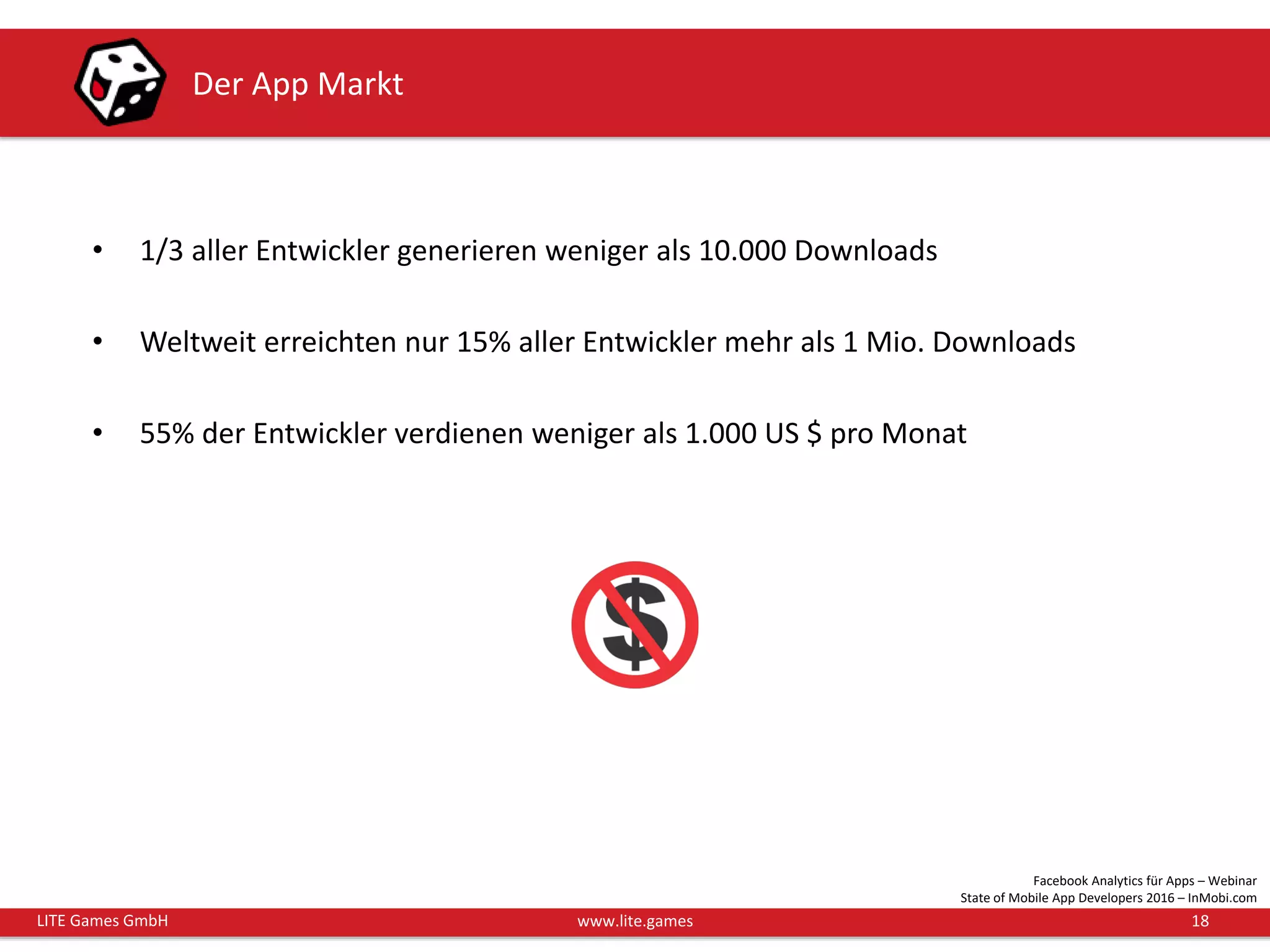 18LITE Games GmbH www.lite.games
Der App Markt
Facebook Analytics für Apps – Webinar
State of Mobile App Developers 2016 – InMobi.com
• 1/3 aller Entwickler generieren weniger als 10.000 Downloads
• Weltweit erreichten nur 15% aller Entwickler mehr als 1 Mio. Downloads
• 55% der Entwickler verdienen weniger als 1.000 US $ pro Monat
 
