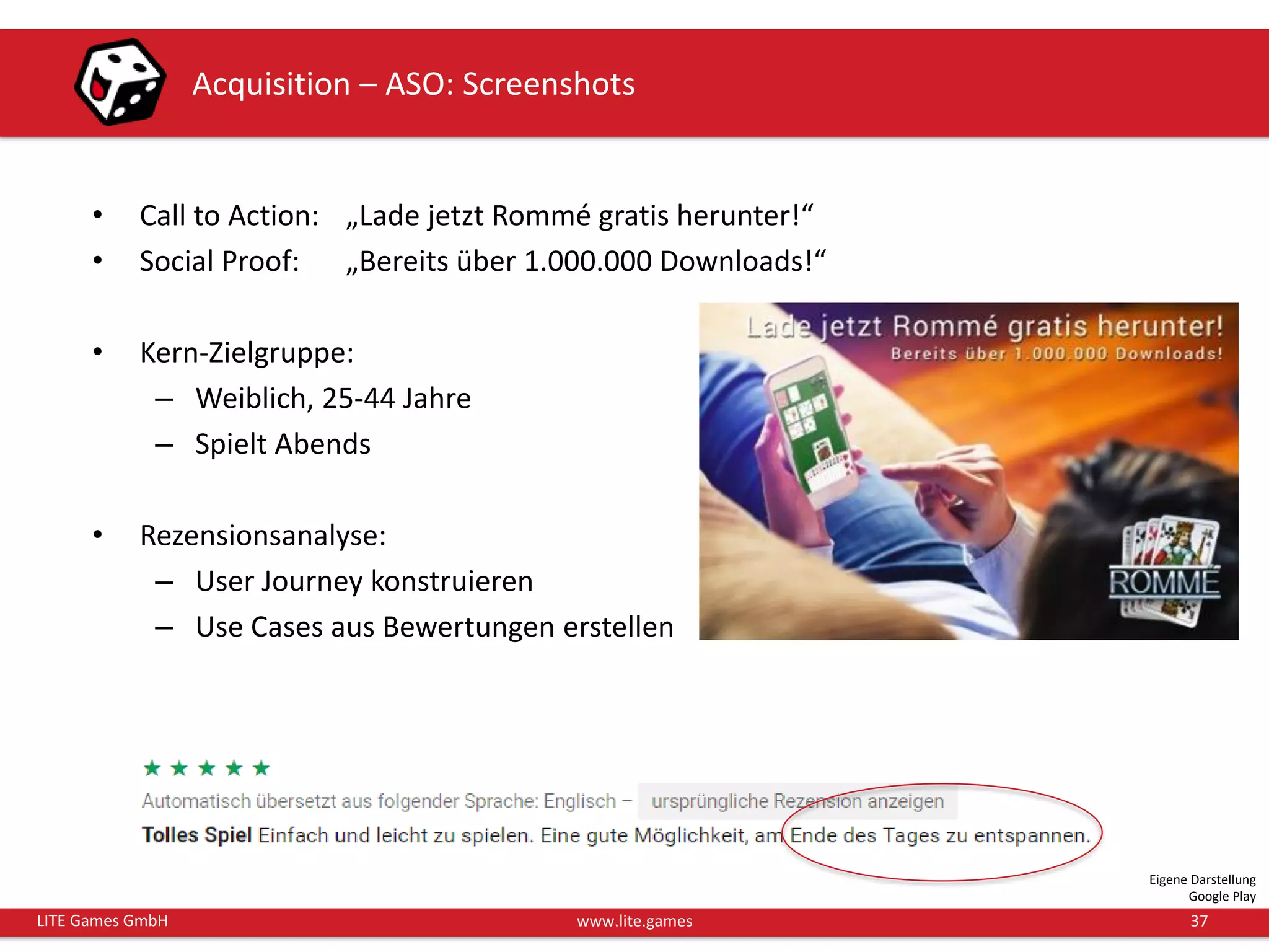 37LITE Games GmbH www.lite.games
Acquisition – ASO: Screenshots
Eigene Darstellung
Google Play
• Call to Action: „Lade jetzt Rommé gratis herunter!“
• Social Proof: „Bereits über 1.000.000 Downloads!“
• Kern-Zielgruppe:
– Weiblich, 25-44 Jahre
– Spielt Abends
• Rezensionsanalyse:
– User Journey konstruieren
– Use Cases aus Bewertungen erstellen
 