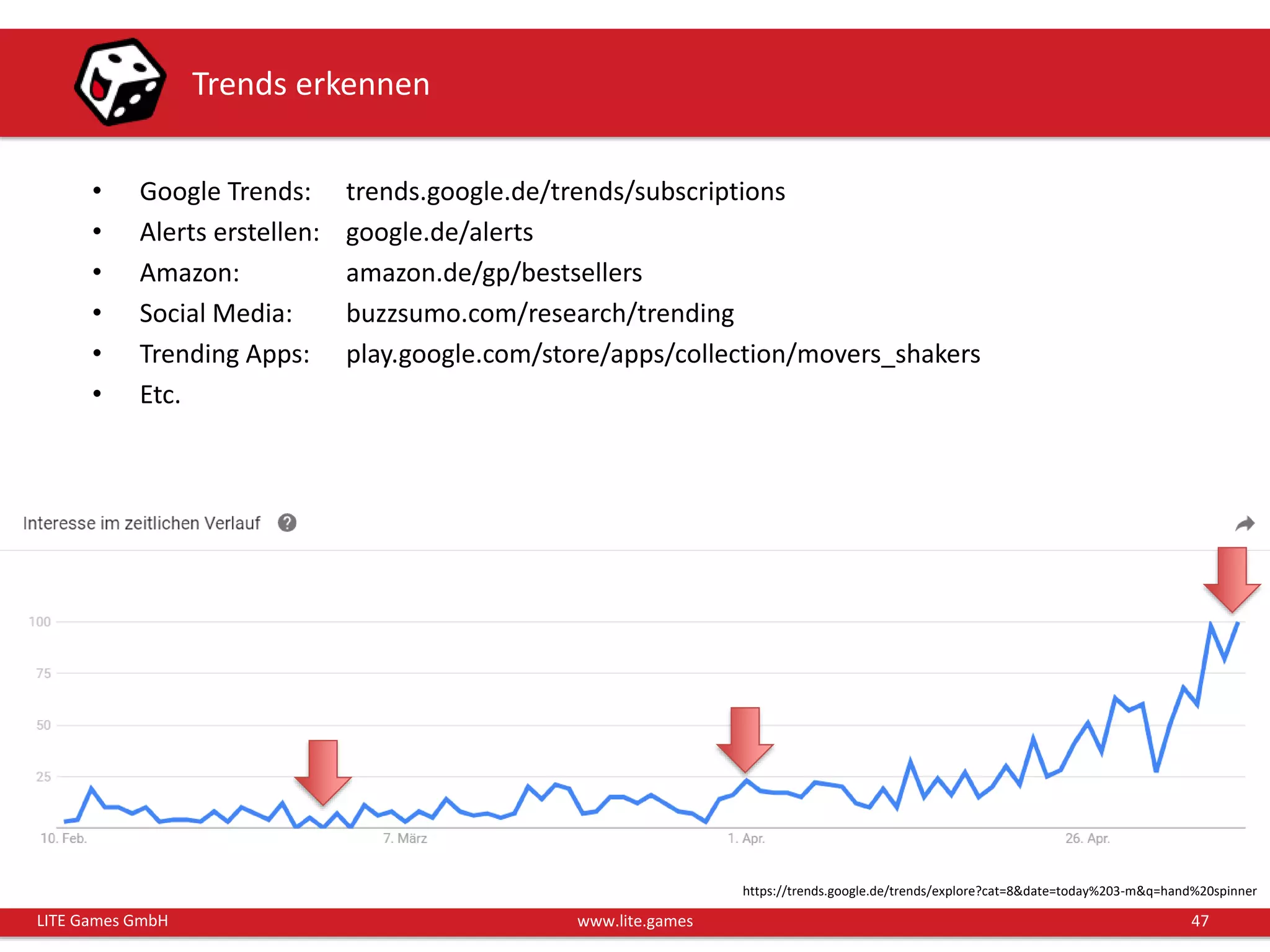 47LITE Games GmbH www.lite.games
Trends erkennen
• Google Trends: trends.google.de/trends/subscriptions
• Alerts erstellen: google.de/alerts
• Amazon: amazon.de/gp/bestsellers
• Social Media: buzzsumo.com/research/trending
• Trending Apps: play.google.com/store/apps/collection/movers_shakers
• Etc.
https://trends.google.de/trends/explore?cat=8&date=today%203-m&q=hand%20spinner
 