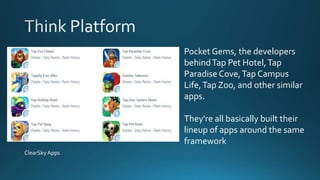 Pocket Gems, the developers
behindTap Pet Hotel,Tap
Paradise Cove,Tap Campus
Life,Tap Zoo, and other similar
apps.
They're all basically built their
lineup of apps around the same
framework
ClearSky Apps
 