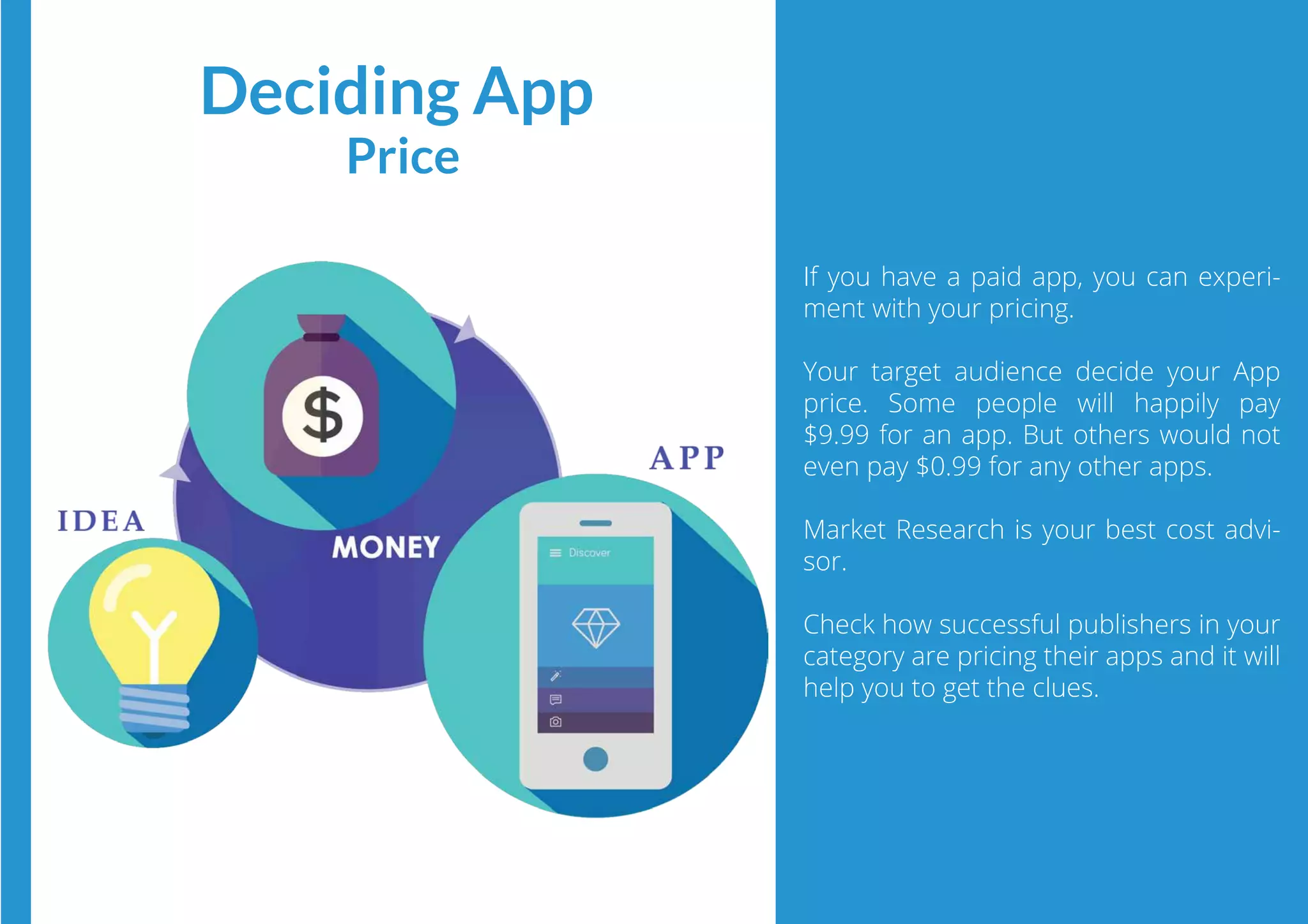If you have a paid app, you can experi-
ment with your pricing.
Your target audience decide your App
price. Some people will happily pay
$9.99 for an app. But others would not
even pay $0.99 for any other apps.
Market Research is your best cost advi-
sor.
Check how successful publishers in your
category are pricing their apps and it will
help you to get the clues.
Deciding App
Price
 