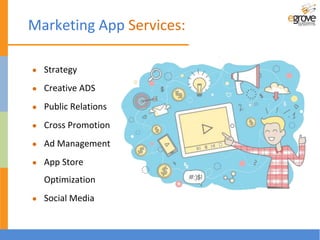 Marketing App Services:
● Strategy
● Creative ADS
● Public Relations
● Cross Promotion
● Ad Management
● App Store
Optimization
● Social Media
 